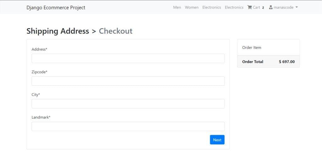 Checout page Django ecommerce tutorial manascode.com